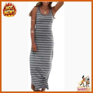 Sleeveless Scoop Neck Maxi Sundress Racerback Striped Loose Fit Casual